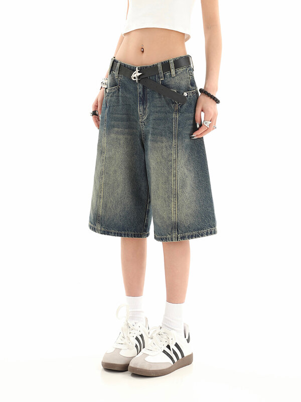 Retro Denim Shorts for Women Summer 2024 High Waist Five-point Pants Loose Straight A-line Half Pants Fashion Casual