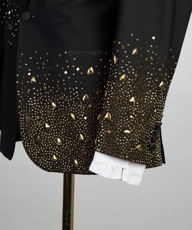 Conjunto de trajes de 2 piezas con cristales negros para hombre, Blazer + pantalón, chaqueta Formal de lujo para oficina, hecha a medida, esmoquin de boda para novio, abrigo de un botón