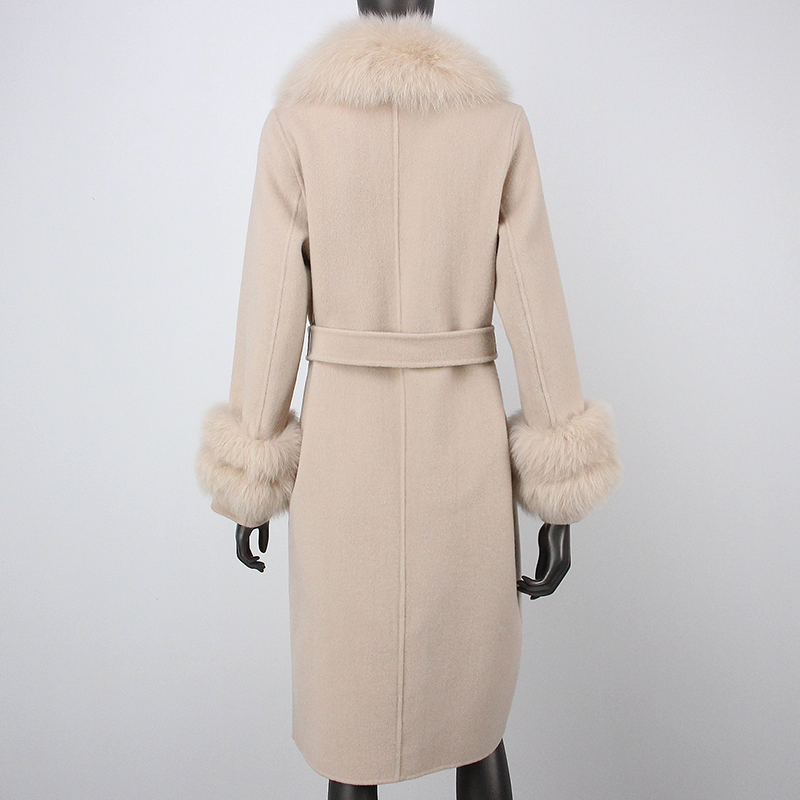 女性の冬のジャケット2023ナチュラルキツネの毛皮の襟,本物の毛皮のコート,カシミア,ダブルブレストのアウターウェア