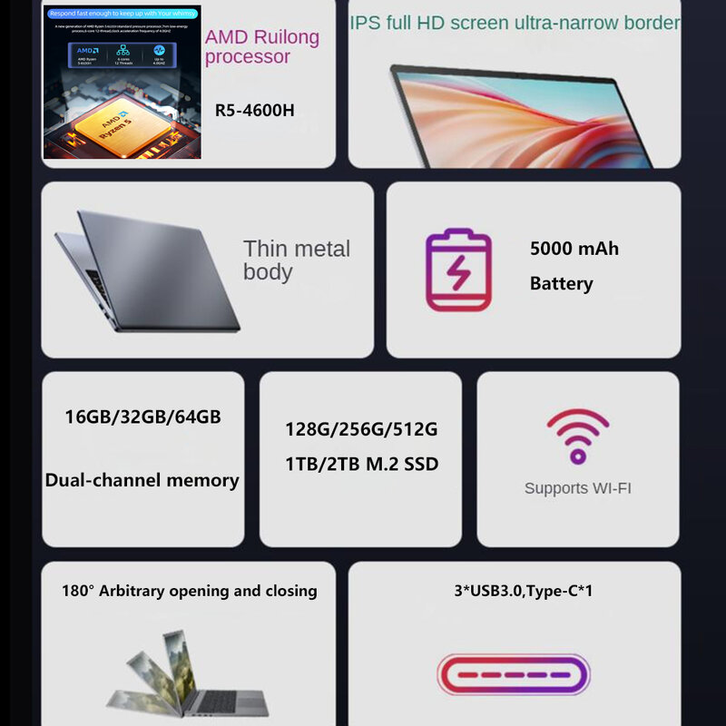 Amd-Gaming Officeラップトップ、ネットブック、15.6インチ、ryzen r5 4600h、6コア、64GB ddr4、1テラバイト、rj45、ブラックライトキーボード、2020