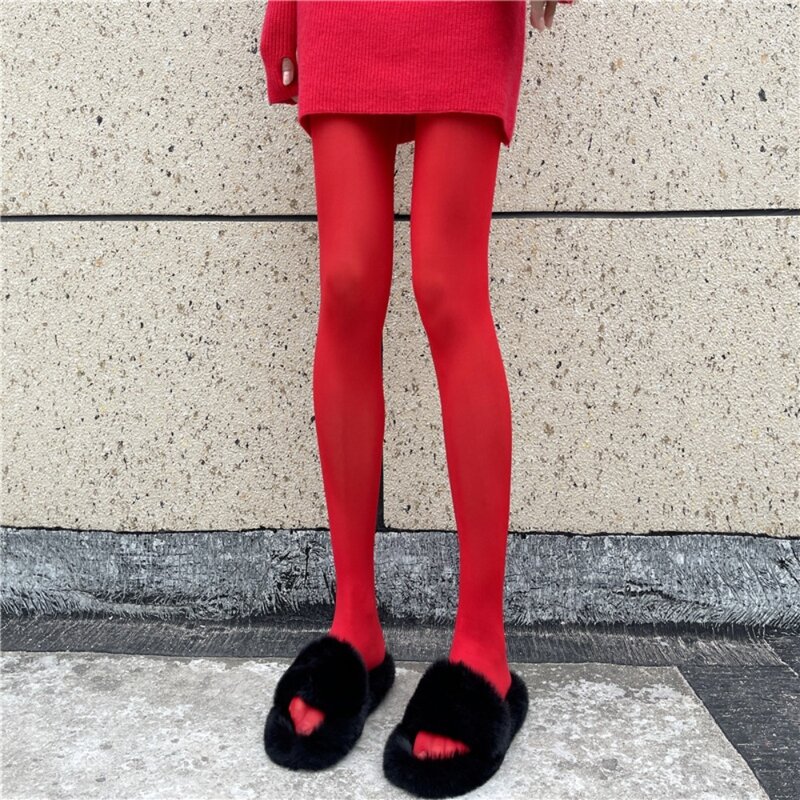 Meia-calça elástica sem costura para mulheres, meias antigancho, leggings de cintura alta, calças justas vermelhas, primavera