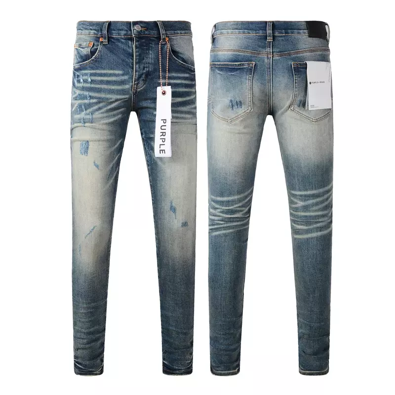 Ungu kualitas tinggi merek jeans Fashion kualitas tinggi distressed blue jeans modis perbaikan rendah naik ketat celana denim