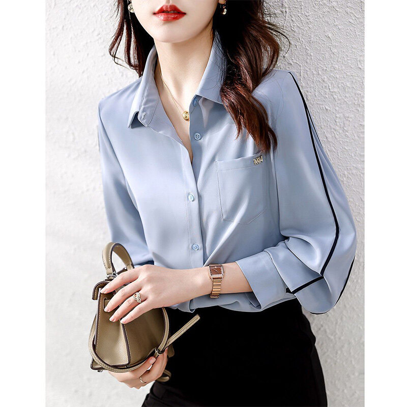 Simplicity Patchwork Pockets Blouse Office Lady Polo-Neck Solid Single Breasted Contrast Color Line Spring Autumn Women's Shirt