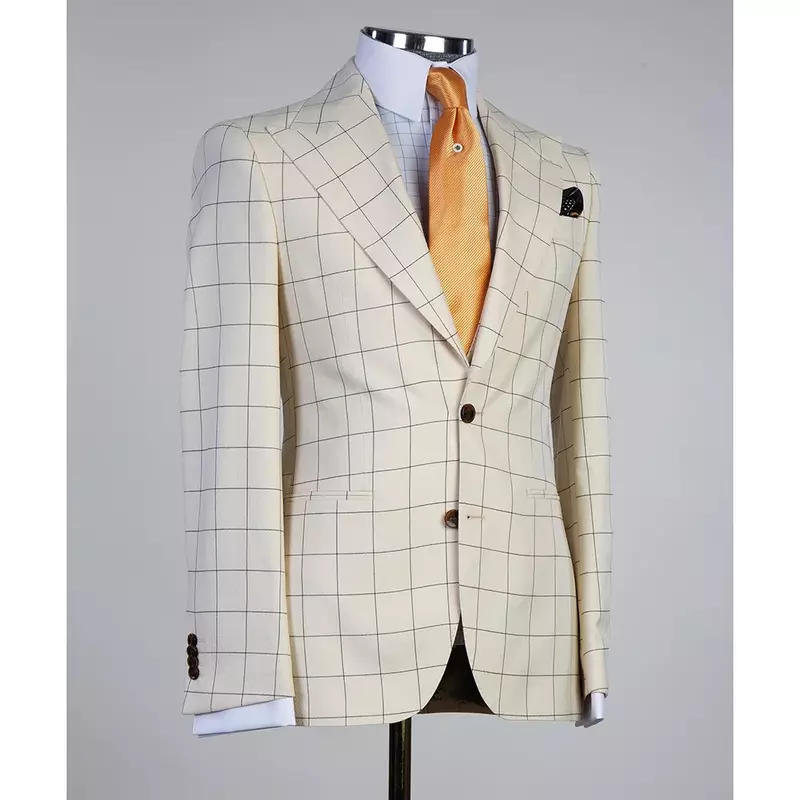 Мужской офисный костюм из трех предметов, блейзер + жилет + брюки в клетку цвета слоновой кости, однобортный наряд с пиковым отворотом, облегающий костюм в стиле смарт-кэжуал