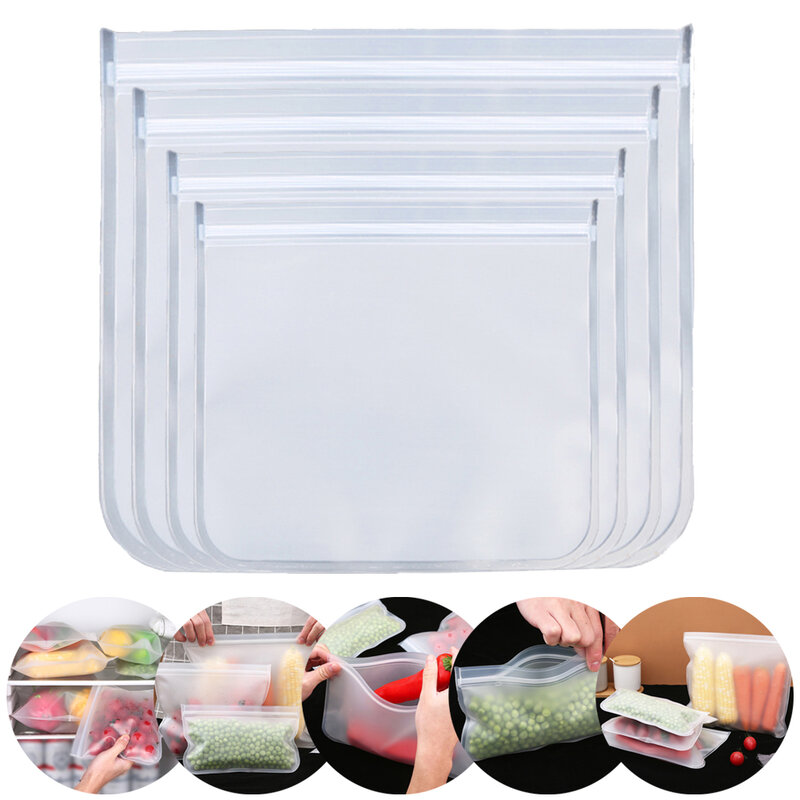 1x saco de armazenamento de alimentos de silicone reutilizável cozinha freezer saco à prova de vazamento recipientes saco de armazenamento de alimentos fresco envoltório sacos selados