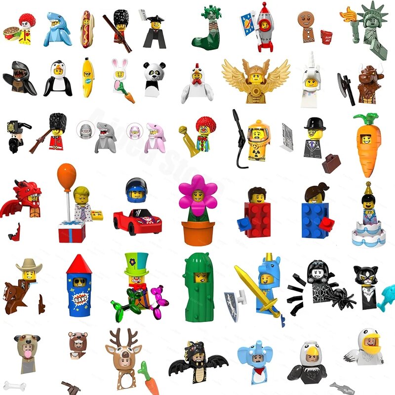 Cartoon Figures Blocks for Kids, 3D Puzzle Toys, Faça você mesmo, Colecionar Deus, Graduado, Estudantes, Circo, Palhaço, Cenoura, Homem, Galinha, Cowboy, Boneca