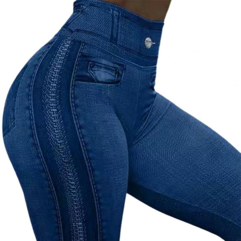 Legging Jeans Imitasi Ramping Saku Dekoratif Celana Elastis Pinggang Tinggi Gambar Cetak Ritsleting Pengangkat Panggul untuk Olahraga