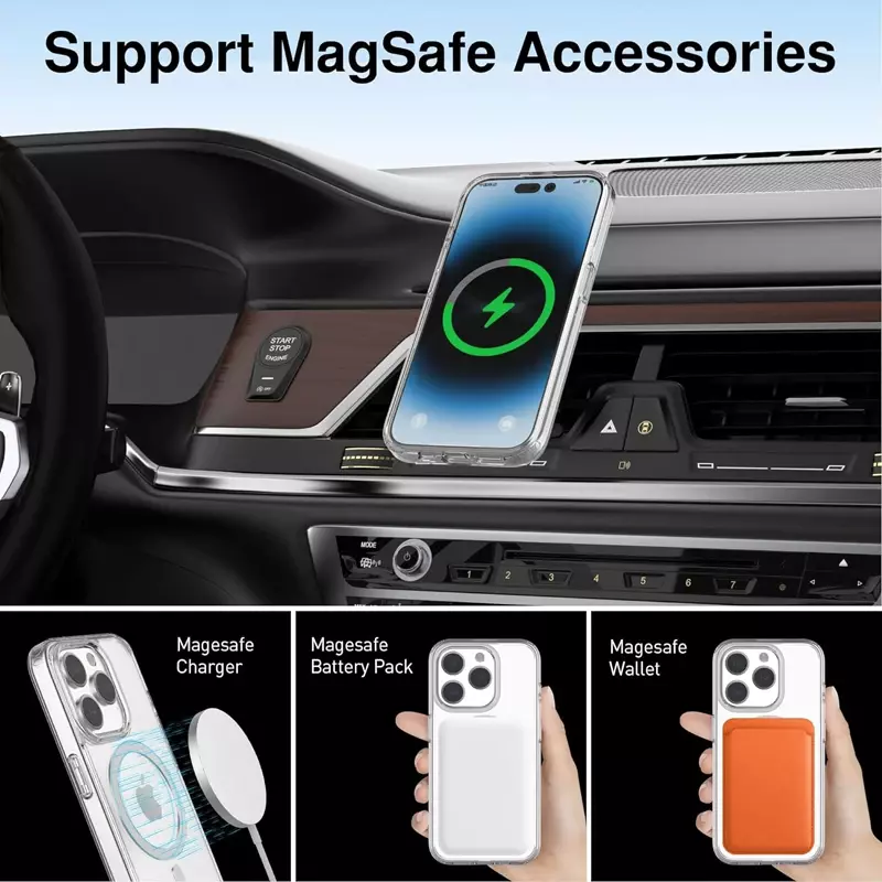 Capa magnética transparente com Magsafe, Capa transparente para Apple iPhone 15, 14, 13, 12, 11 Pro Max, Plus, 13, 12 Mini, XS Max, XR, 8, 7, SE, SE2