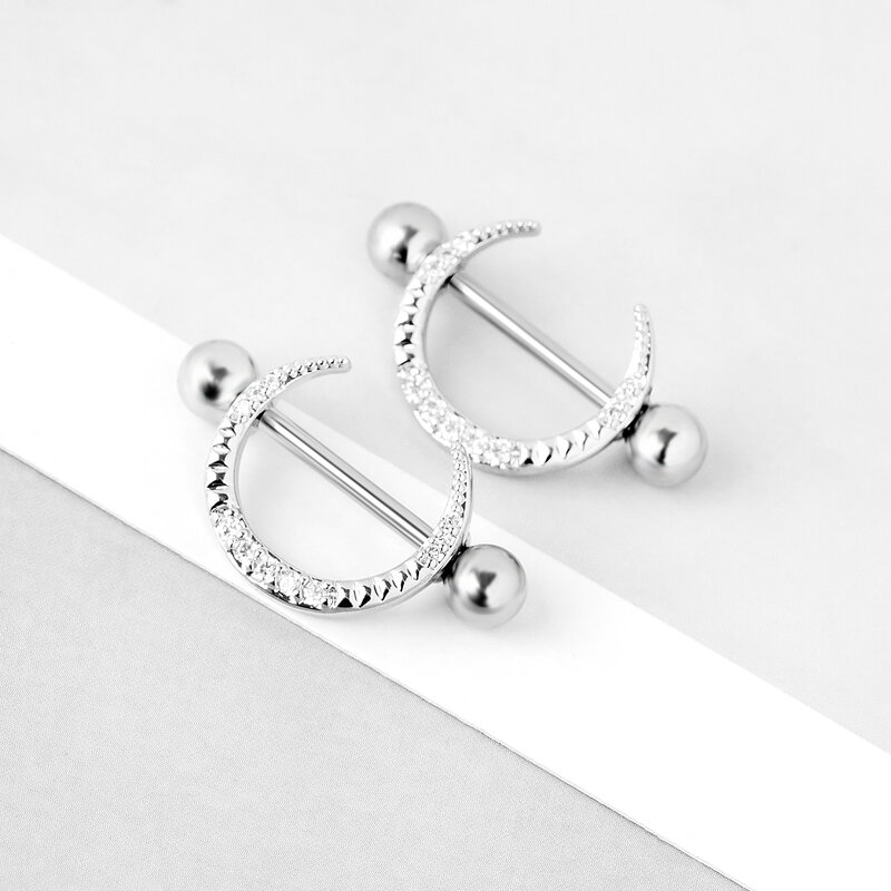1 Pair Stainless Steel Nipple Piercing Crescent Shaped Diamond Studded Punk Style Sexy Breast Piercing Jewelry for Woman