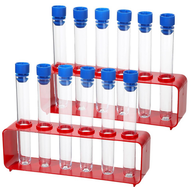 1 Sets 15 x 100mm Test Tubes with Rack Clear Plastic Test Tubes with Caps and 6 Holes Holder Rack Nurse Party Decoration