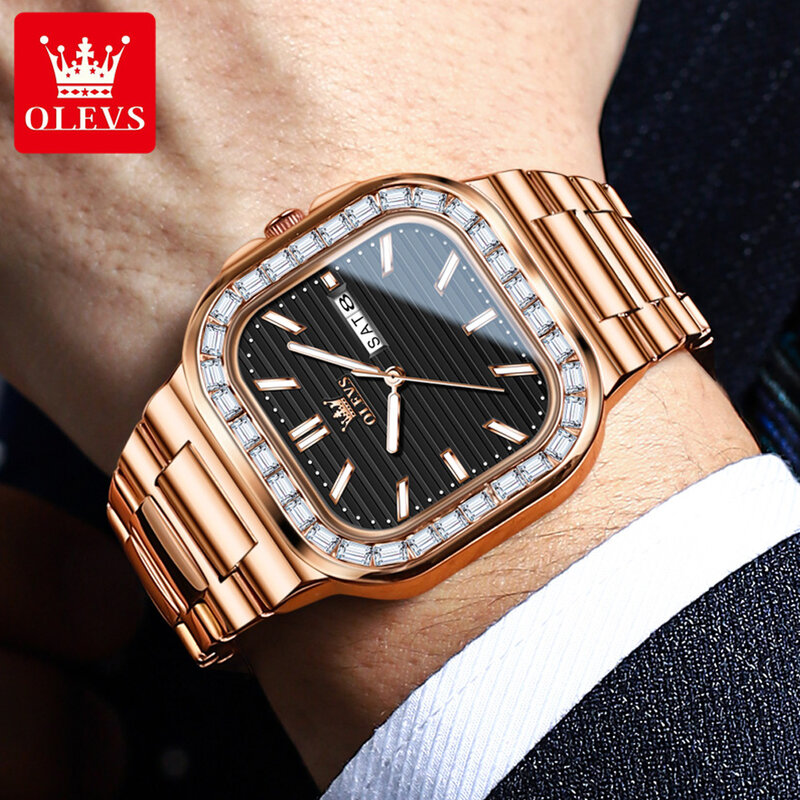OLEVS 남성용 스테인리스 스틸 방수 쿼츠 시계, 빛나는 주간 날짜, 럭셔리 다이아몬드 시계, 2024 신상 패션