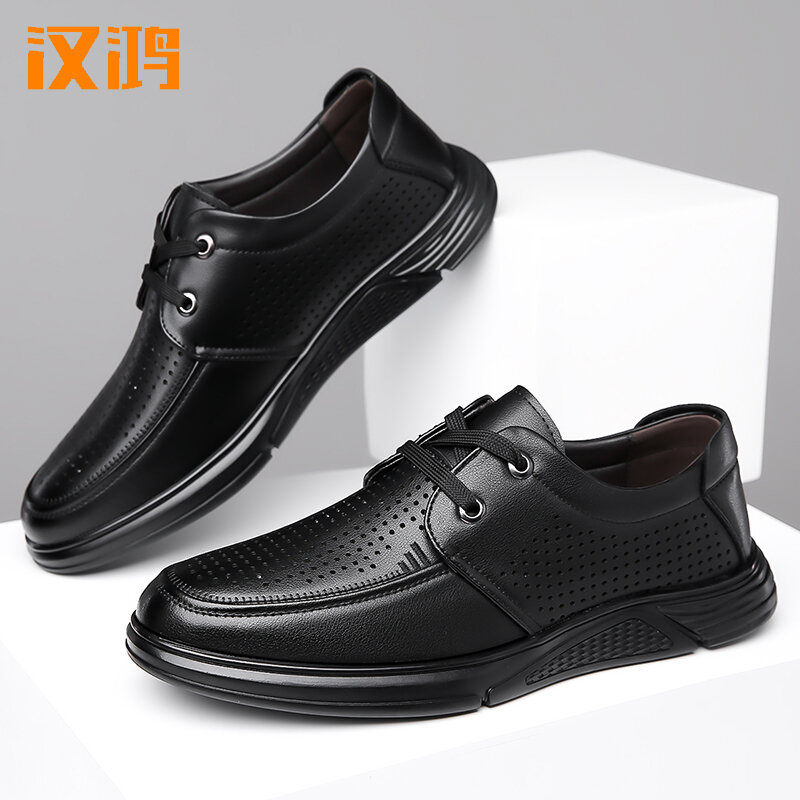 Han Hong sapatos de couro genuíno, sapatos de pai casual oco respirável macio antiderrapante masculino, novo verão, 2024
