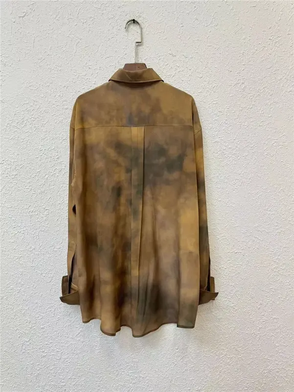 Blusa holgada con cuello vuelto para mujer, camisa con estampado de pintura de tinta de seda, 2024, 100%