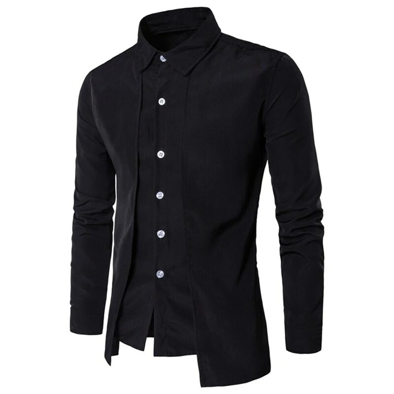Camiseta casual dupla de capa masculina, slim fit, gola lapela, manga comprida, vestido formal de negócios, tops masculinos, moda