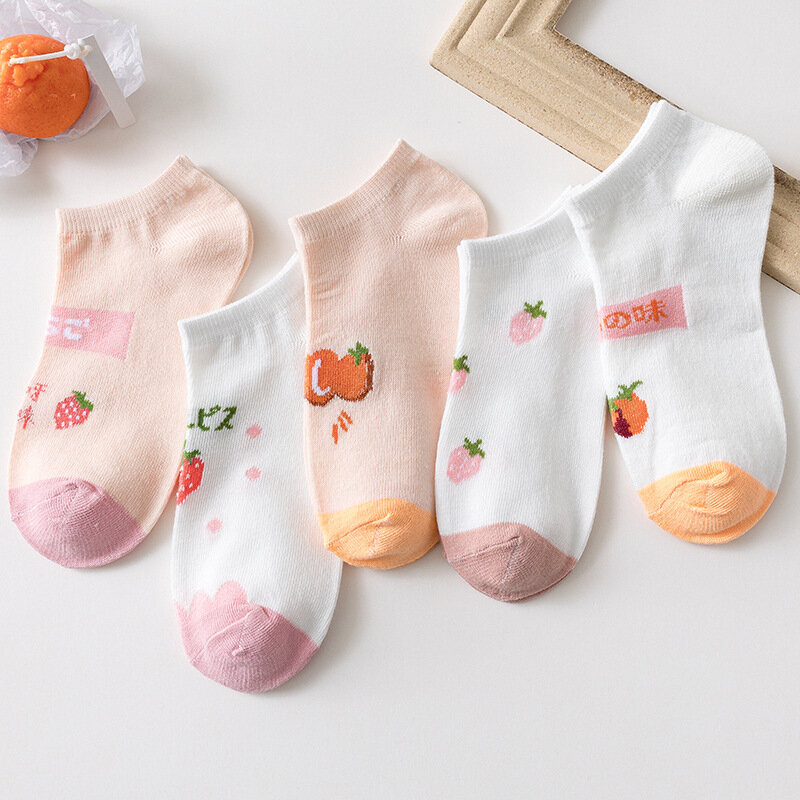 5 Pairs/Lot Women Cotton Ankle Socks Fun Cute Casual Boat Sock Suit Spring Summer Fruit Stripes Love Bear Low Cut Waist