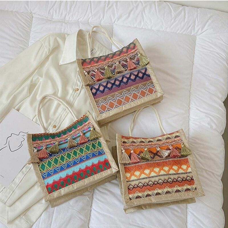 Borsa Outdoor borsa di lino in stile coreano borsa geometrica di grande capacità borsa a tracolla bohémien borsa a tracolla con frange da donna