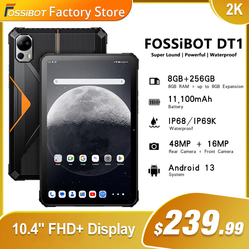 FOSSiBOT DT1 견고한 태블릿, 11000mAh 배터리, 10.4 인치 디스플레이, 방수 8GB 256GB 48MP 카메라 태블릿, 글로벌 네트워크 패드 컴퓨터