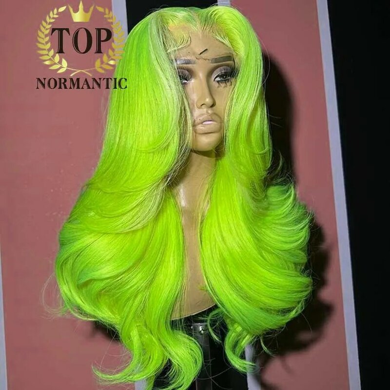 Topicimantic-Perruque de cheveux brésiliens sans colle avec partie médiane, perruque de fermeture Body Wave, cheveux de bébé, vert laitue légère, 13x4, 4x4