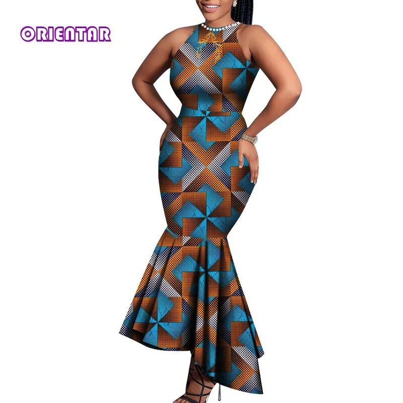 여성을 위한 아프리카 드레스 앙카라 패션 오-넥 민소매 드레스 다시키 파티 이브닝 드레스, 우아한 인어 드레스 WY9028