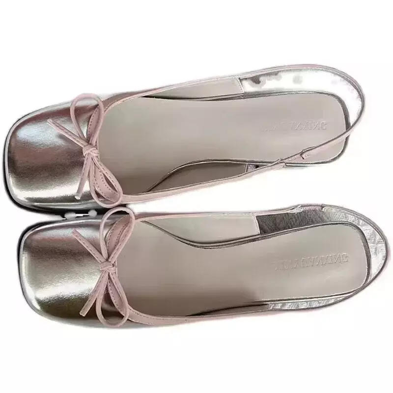 Zapatos planos plateados con punta cuadrada para mujer, zapatillas planas de Ballet, Sandalias cómodas con lazo, verano, 2023