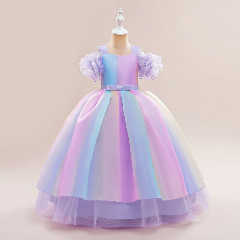 Rainbow Flower Girls Wedding Bridesmaid Party Dresses Kids Colorful Puffy Mesh Ball Gown Short Sleeve Bow Knot Belt For Children