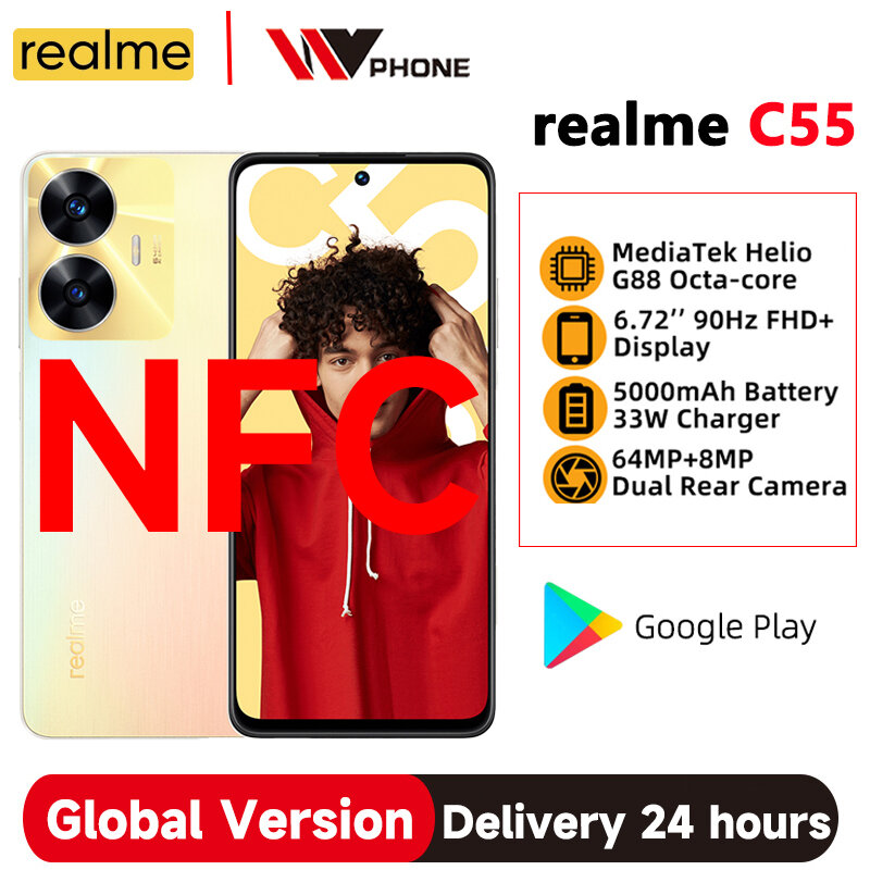 Realme C55 6.72 인치 FHD + 스크린 미디어텍 헬리오 G88 64MP AI 카메라 스마트폰 5000mAh 배터리 33W NFC 지원