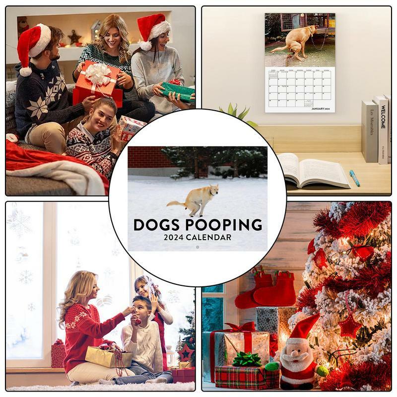 Calendario de arte mensual para cachorros de perros Pooping 2024, calendario de pared colorido de 12 meses, calendario divertido para perros 2024