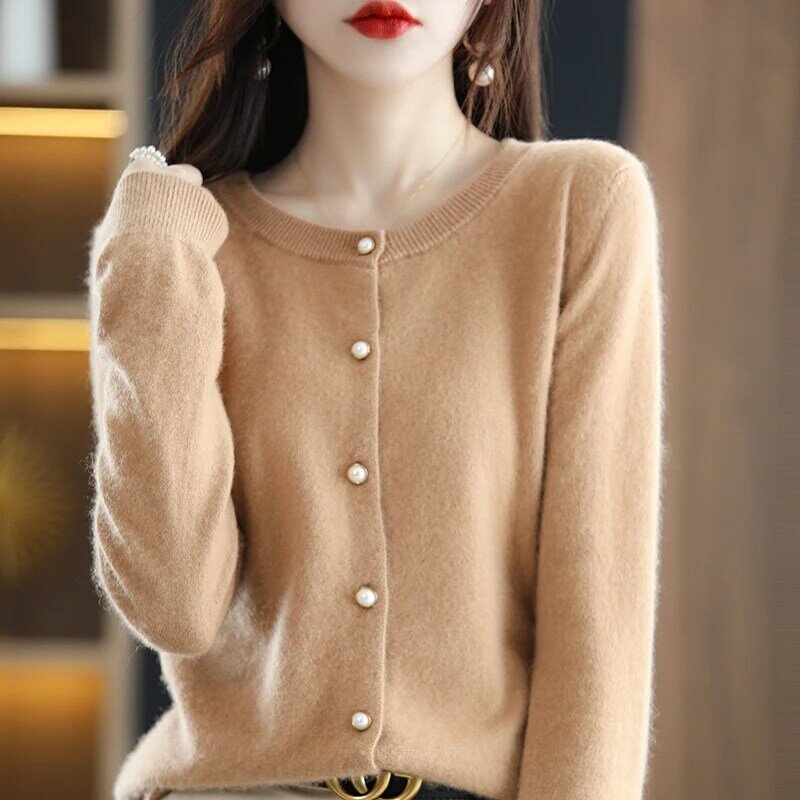 Cardigã de manga comprida com gola redonda curta feminino, suéter de lã 100% puro, fragrância pequena, malha inferior solta, primavera, outono