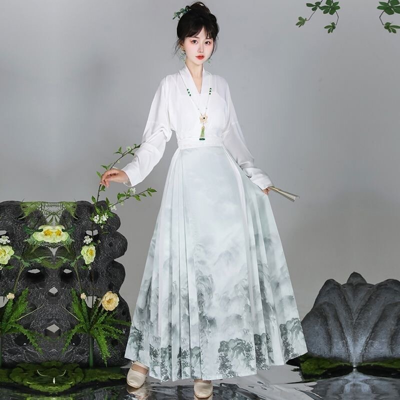 Rok Muka Kuda wanita tradisional Cina, Hanfu rok panjang renda 2 buah Set kostum Cosplay tari Ming Dynasty