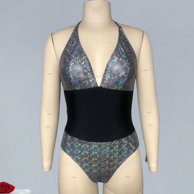 Nylon Spandex One-piece Swimsuit Sparkling Sequin Patchwork Monokini with Lace-up Halter High Waist Backless for Beachwear