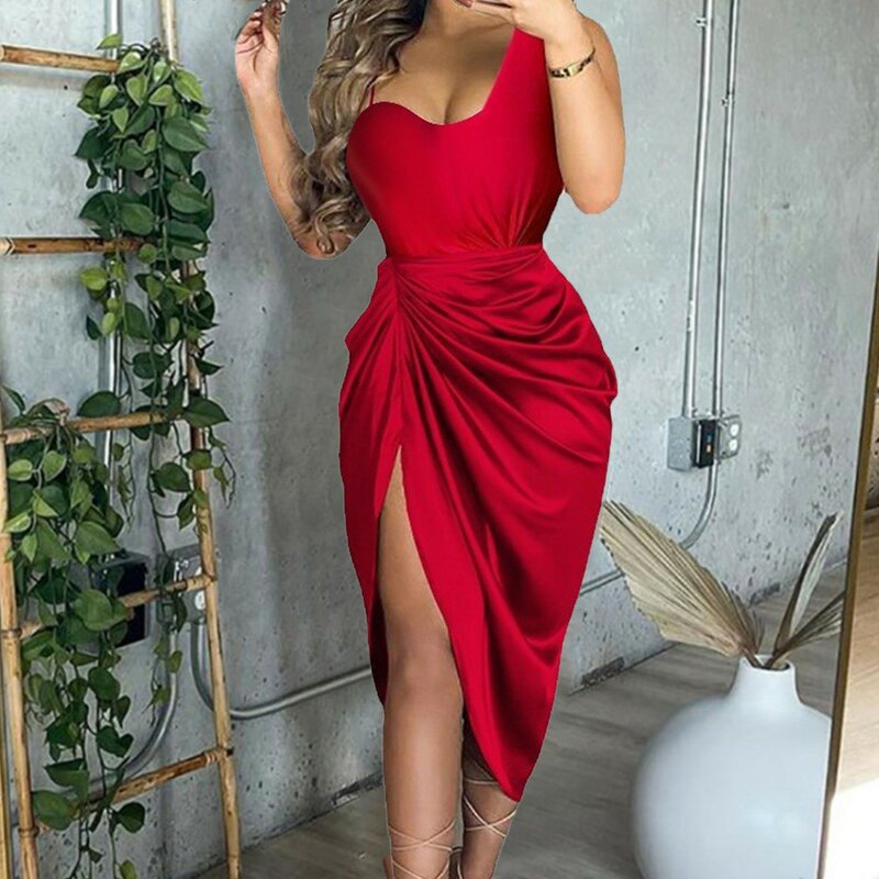 Wedding Guest Dresses For Women Sexy Solid Color Side Slit Midi Smocked One Shoulder Evening Dresses Midi Casual Party Dresses