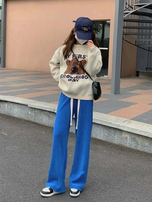Celana Kaki Lebar Serut Wanita 2023 Celana Hip Hop Lurus Pinggang Tinggi Celana Olahraga Mode Korea Celana Jogger Longgar Kasual