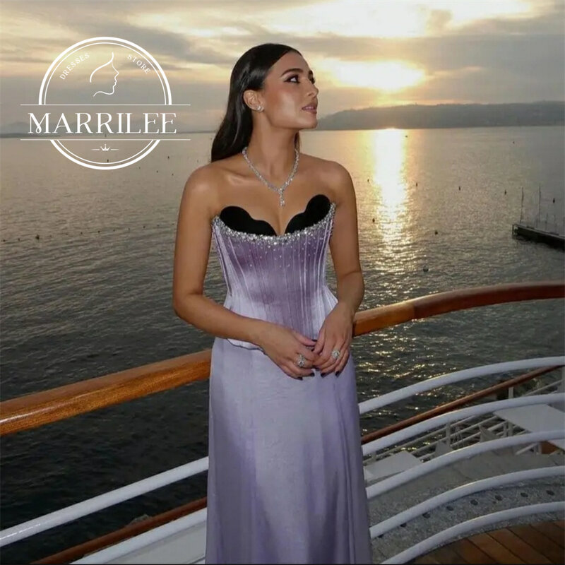 Marrilee menawan ungu sayang tanpa tali sifon gaun malam payet elegan panjang lantai renda pesta Prom gaun 2024