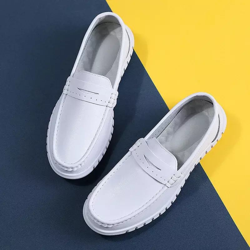 Nurse Shoes Men's Flat White Breathable Doctor Soft Bottom Hospital Leather One Pedal White Shoes Loafers