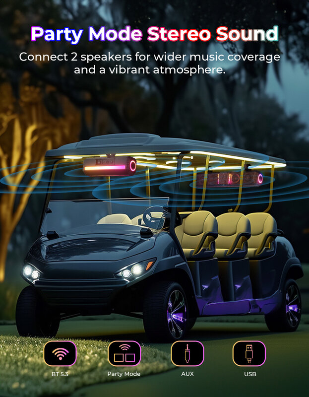 Ellata MOTO-Barre de son Midnight RGB Light, étanche IP66, pour voiturette de golf UTV RL, convient aux barres roulantes de 1 à 2 pouces