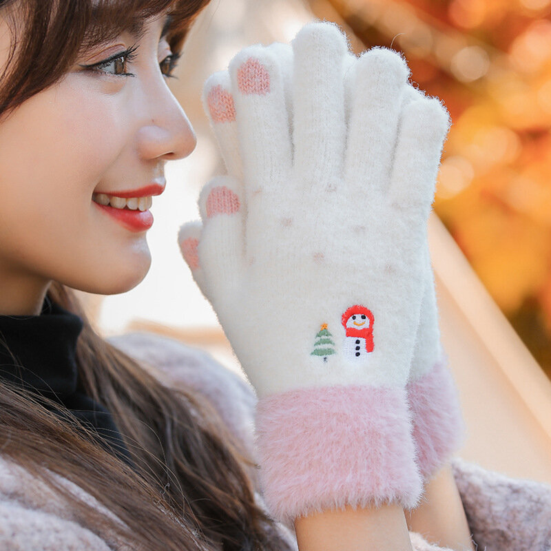 Guantes de invierno suaves y peludos para mujer y niña, guantes de pantalla táctil con dedos completos, muñeco de nieve encantador bordado, guante de punto de cinco dedos T06