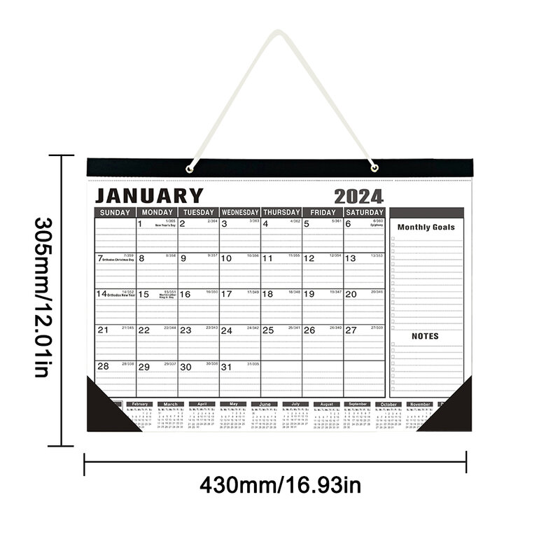 Calendário de parede com gancho suspenso, cronograma de papel grosso, 18 mensal Home Office Decoração Organizadora, 2023-2024 Ano