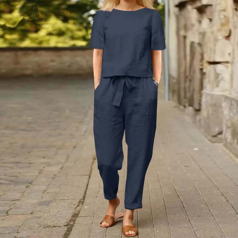 Ensemble deux pièces chemise et pantalon en coton et lin pour femme, tenue d'été à demi-manches, tenue à col rond, 2024