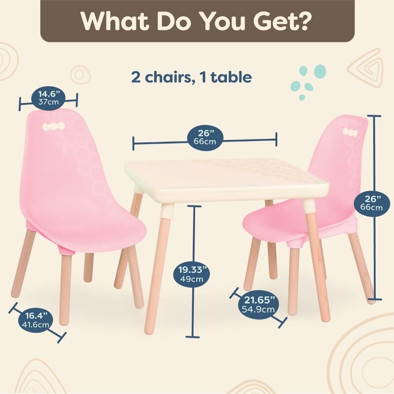 테이블 및 의자 세트, 어린이 가구, 공예 테이블 1 개, 의자 2 개, 천연 나무 다리, 핑크 아이보리