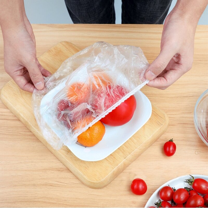 Bolsa de plástico desechable para almacenamiento de frutas y verduras, cubierta de comida, envoltura de Saran, grado alimenticio, bolsa de plástico elástica, mantenimiento fresco de cocina