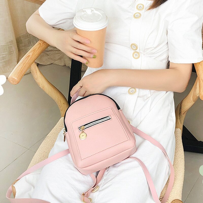 Fashion Ladies One-Shoulder Small Backpack Wallet Mobile Phone Ladies Mini Travel Backpack Pure Color Leather Bag