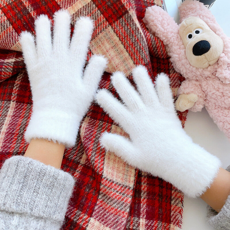 暖かいぬいぐるみ女性用5本指手袋、厚く、耐寒性、かわいい、学生、ミニマリスト、手書き、単色、冬