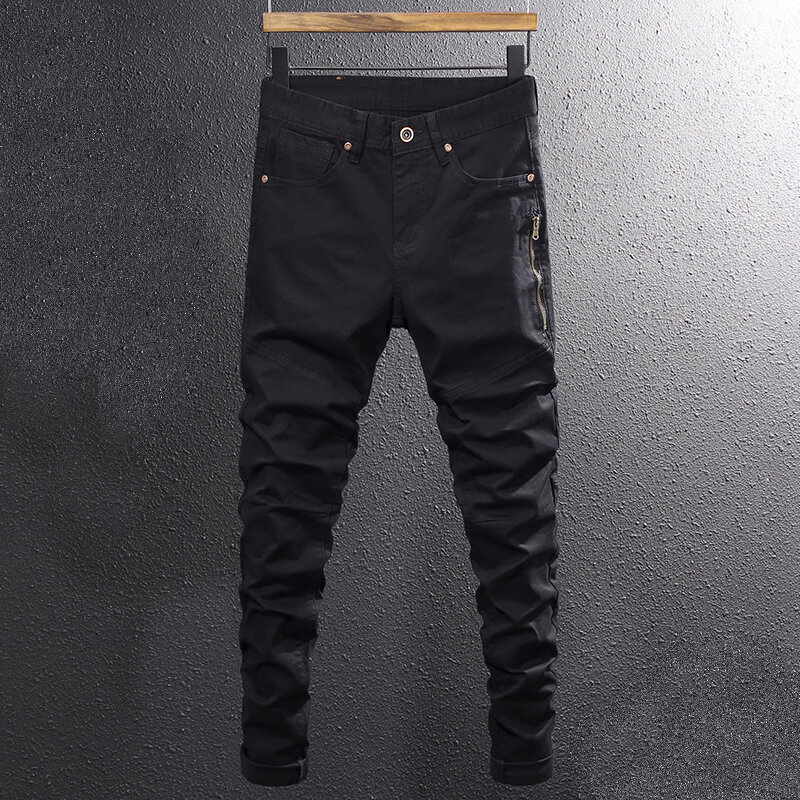Moda Streetwear mężczyźni dżinsy czarne rozciągliwe dopasowanie Fit łączone projektant dżinsy męskie spodnie punkowe kieszeń na suwak spodnie w stylu Hip Hop Hombre