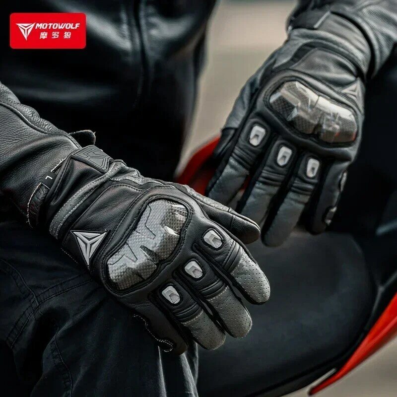 Gants de moto à doigts complets pour écran tactile, gants en cuir respirants, équipement de protection, pit bike, équitation, moto, appartements de fosse