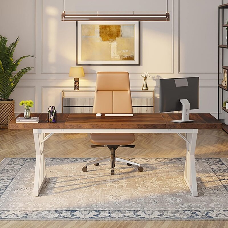 70.8-inch administrative desk, modern minimalist style laptop, office desk,study desk, writing desk,home (brown/white,70.8-inch)