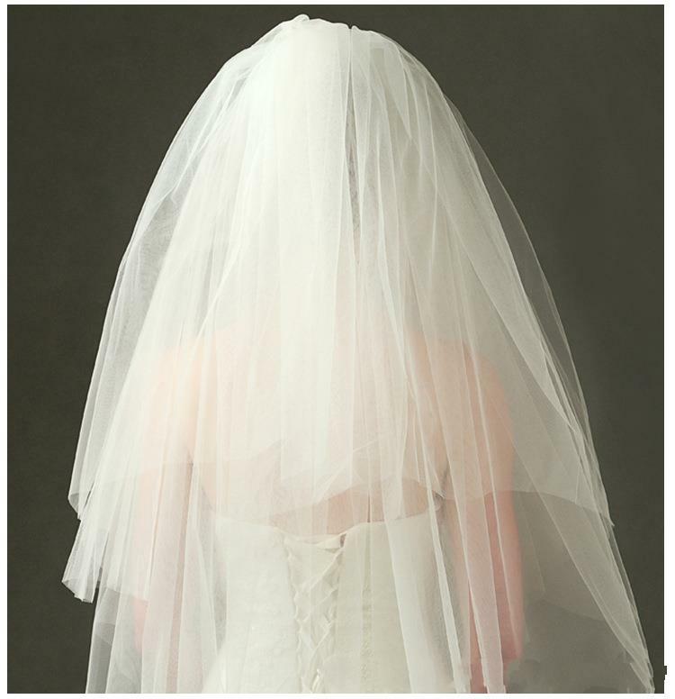 ผ้าคลุมหน้าแต่งงานสั้นสองชั้นผ้าทูลเนื้อนุ่มพร้อมหวีสีขาวงาช้างตัดขอบเครื่องประดับเจ้าสาว
