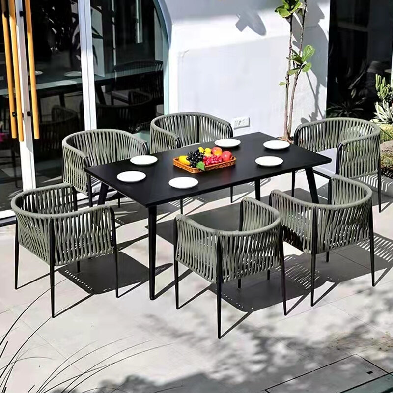 Meja dan kursi rotan santai luar ruangan Nordik meja pelindung matahari taman halaman dan kursi 2 buah furnitur