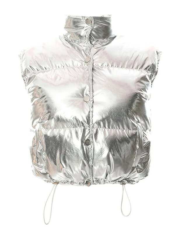 Zimowa srebrna puchowa kamizelka płaszcz z podszewką błyszcząca metaliczna jednolity kolor stojak kołnierz na zamek błyskawiczny pikowana kamizelka krótka Outdoor Streetwear