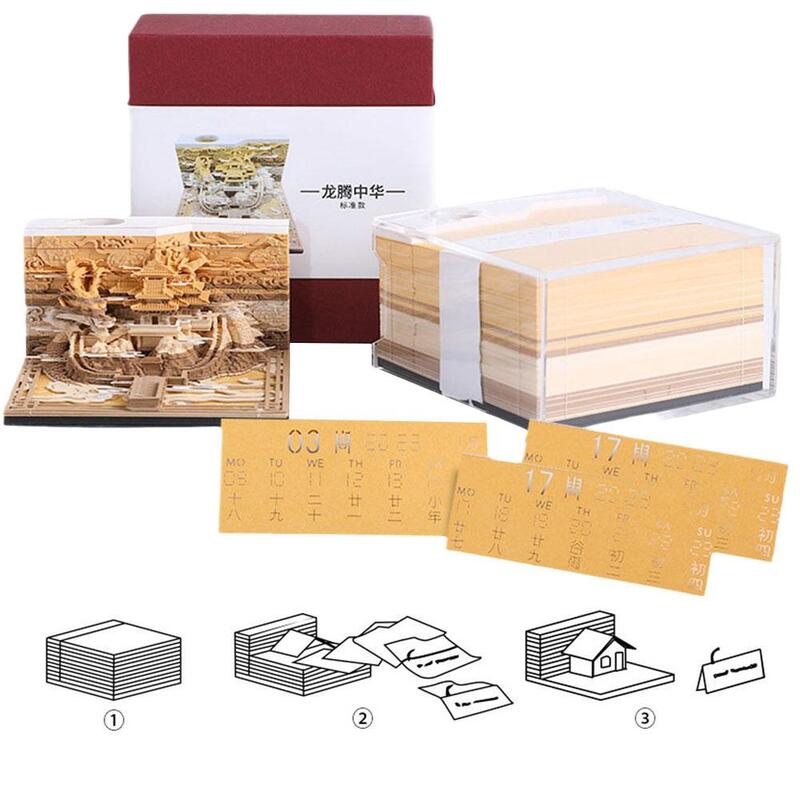 3D Three-dimensional Note Paper Creative Gift Notepad Architecture Ancient Sticky Calendar 3D Notes Calendar House I3J0