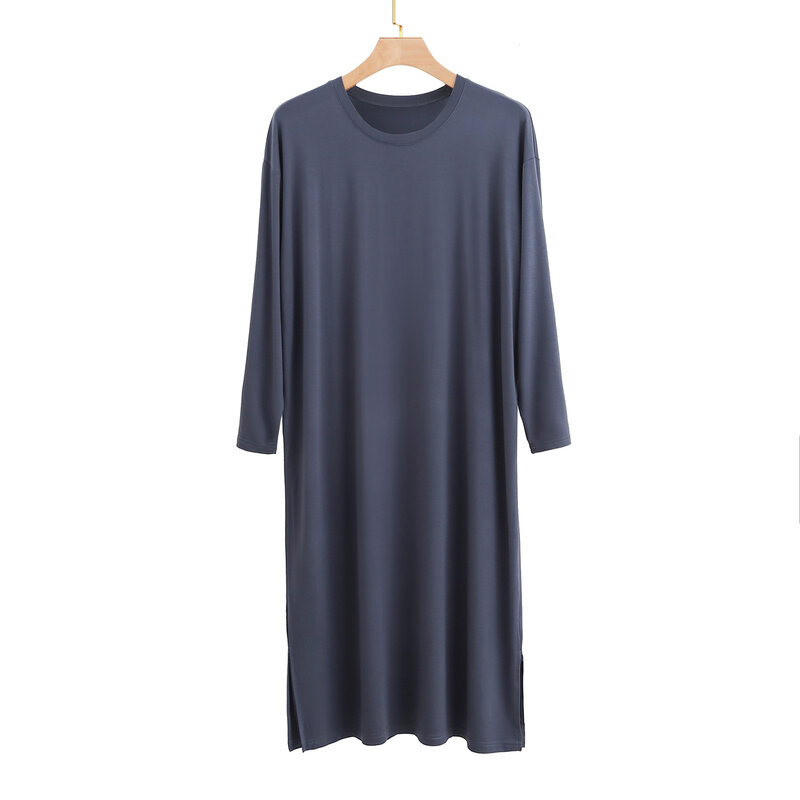 Мужская Ночная рубашка из модала с круглым вырезом и длинным рукавом, одежда для сна, мягкие и искусственные платья средней длины до колена